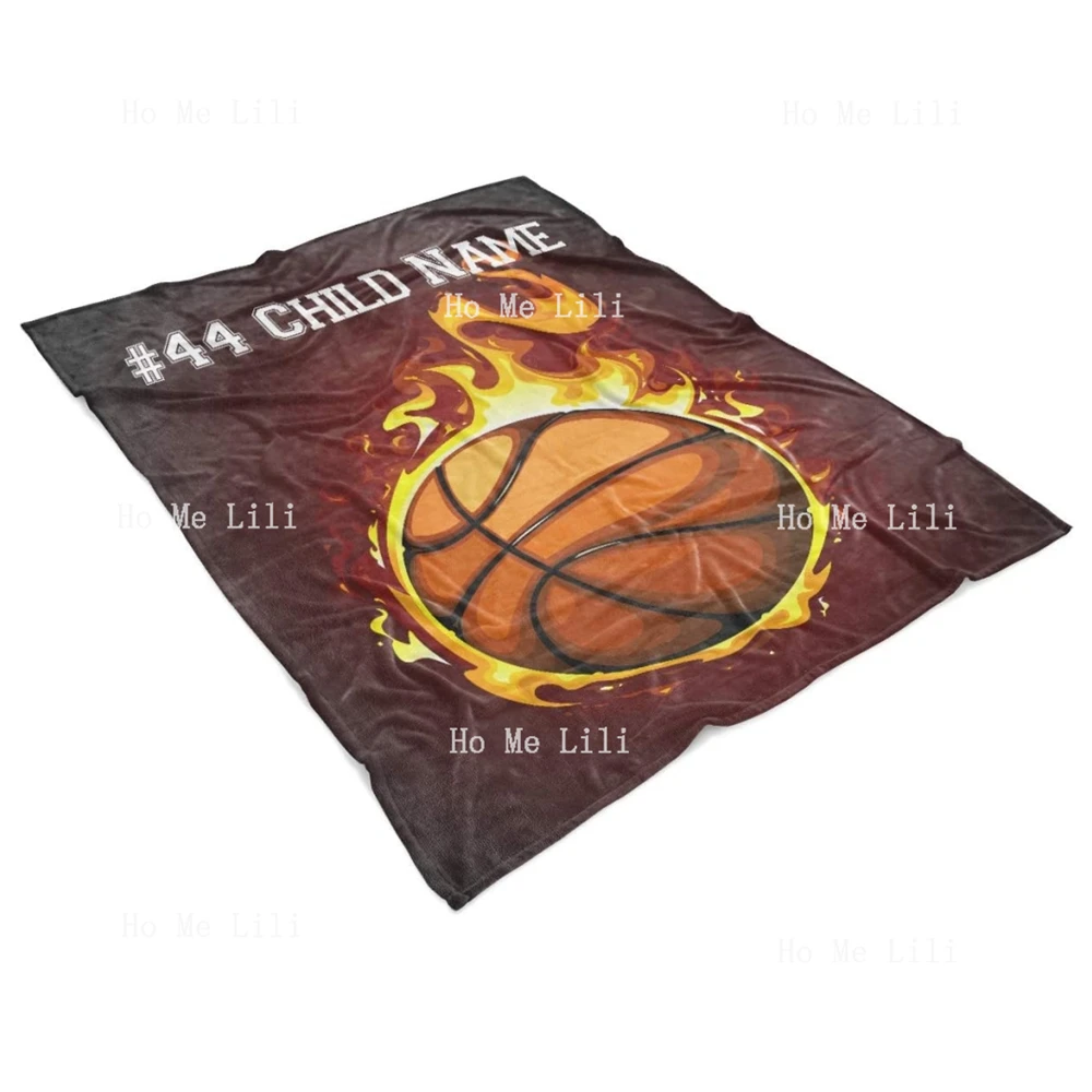 Personalized Custom Basketball On Fire Fleece For Kids Youth Basket Ball Indoor Outdoor Blankets Boys Girls