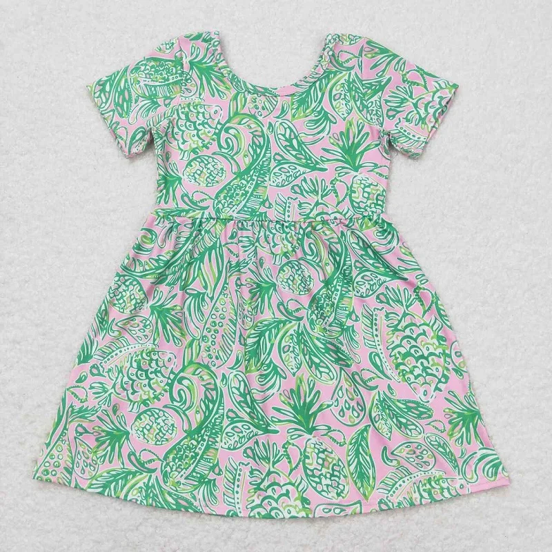 New Fashion Summer Match Baby Girl Seaweed Shell Rose Red Short-sleeved Dress Wholesale Children Skirt Clothes