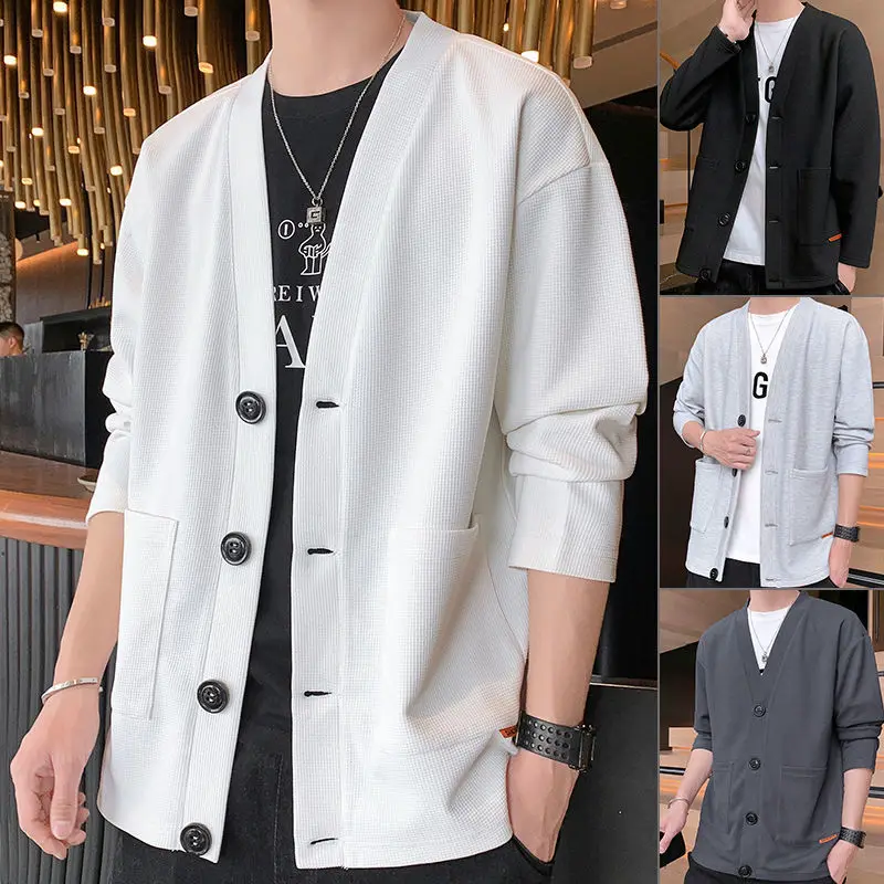 

4-A101 Cape Jacket Spring and Autumn Waffle Cardigan Sweater Men's plus size Suit Trendy Brand Single-breasted Top Jacket