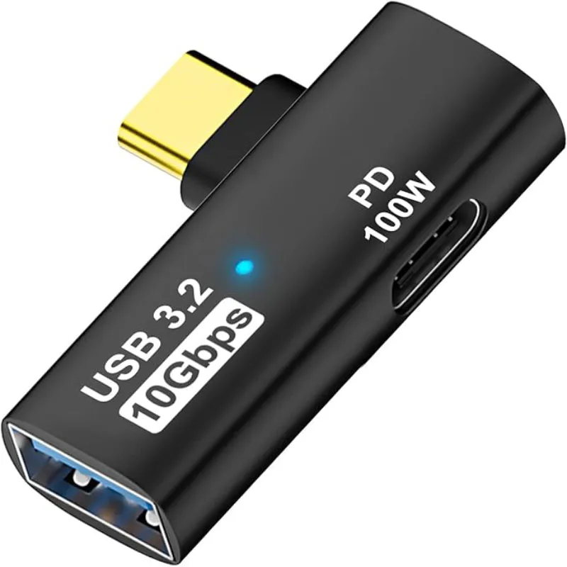 Type‑C Male to USB‑A Female Adapter, USB3.2 10Gbps OTG Converter, PD100W Fast Charging with LED Indicator, Black & Gray Optional