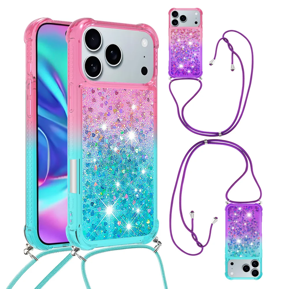 Glitter Sequin Dynamic Liquid Quicksand Case for iphone 17 PRO MAX 16 PRO 11 12 13 14 15 Plus Crossbody Strap Phone Cover Coque
