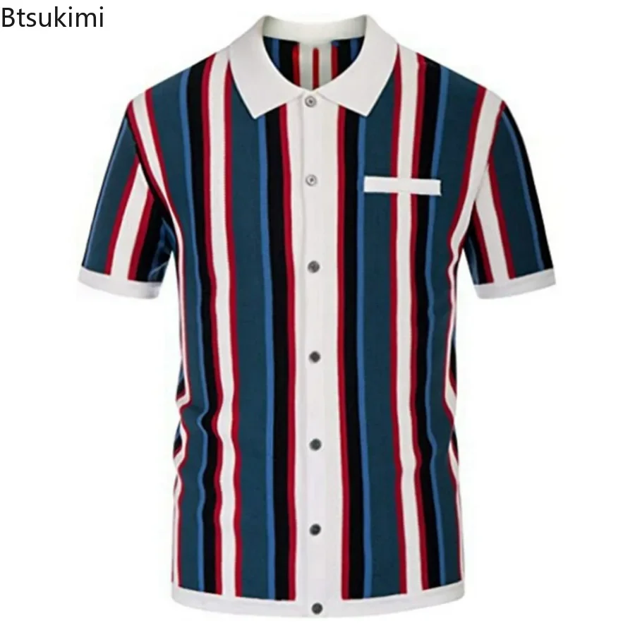 2024 Men\'s Summer Casual Knitted Shirts British Retro Stripe Patchwork Knitted Short Sleeve Jacquard Business Polo Shirt Male