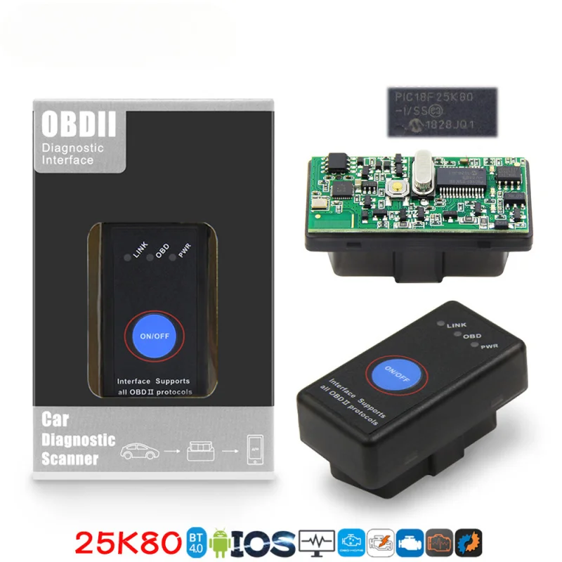 ماسح ضوئي للسيارة MINI ELM327 Obd2 بلوتوث 4.0 مع شريحة 25K80، مفتاح طاقة لنظام Android iOS