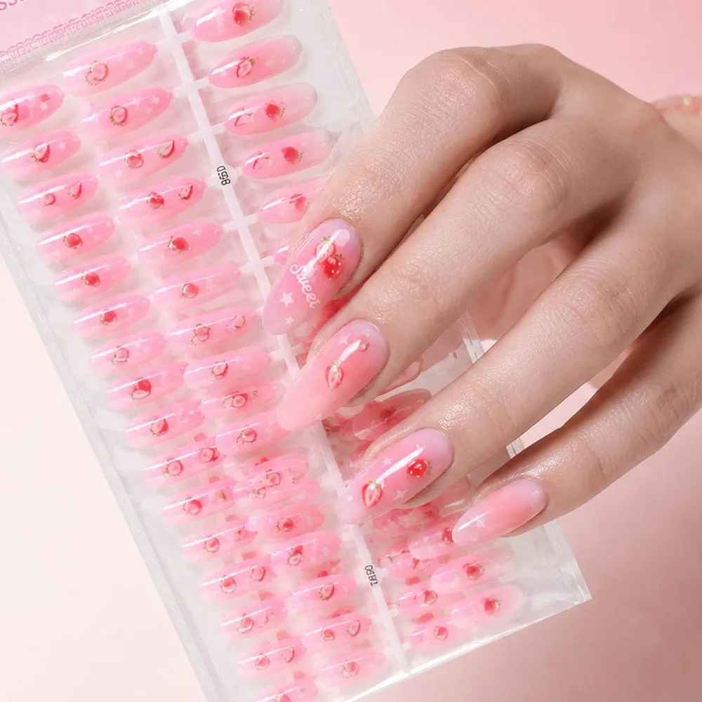

1Bag Shiny Bright Surface Strawberry Press On Nail Pink Transparent Base Strawberry Fake Nail Sweet Style Strawberry False Nail
