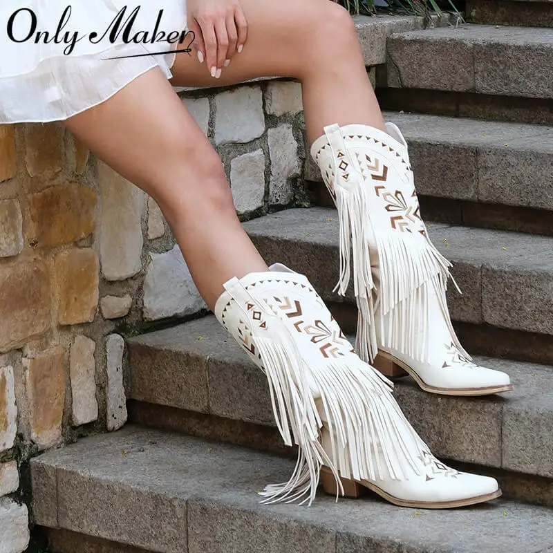 

Onlymaker Women Pointed Toe Retro Fringe Pull On Western Cowgirl Boots Fringed Chunky Heel Embroidery Cowboy Boots
