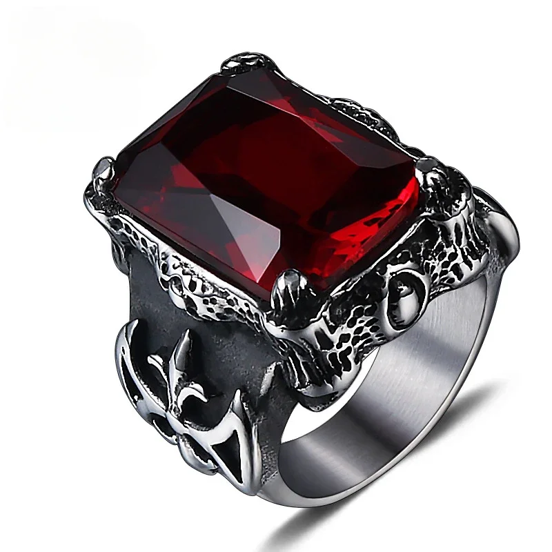 CHUANGCHENG Fashion Retro Punk Cross Ruby Stainless Steel Rings Size 7-12