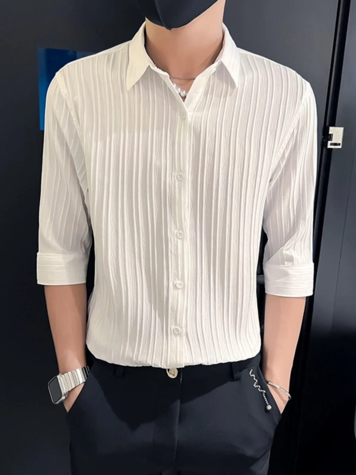 

Summer Thin Ice Silk f Sve irt Men's Loose Fit ort Sve Striped Faionable irt Casual arp Collar Daily Wear