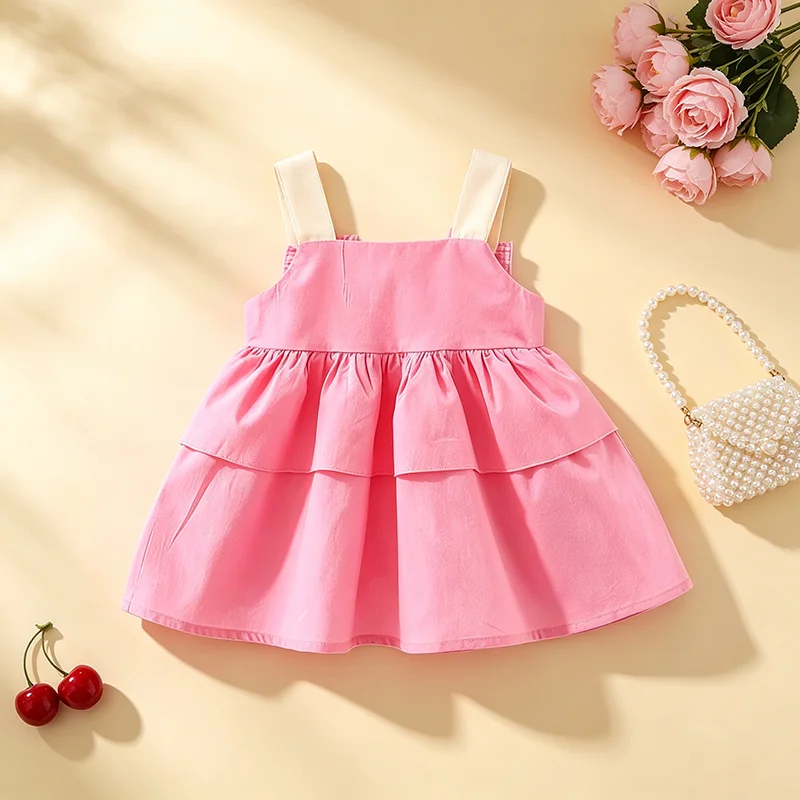 Toddler Baby Girls Pink Tiered Cami Sundress Fashionable Bow Wide Strap Layered Clothes Cute Kids Summer Princess Casual Dress
