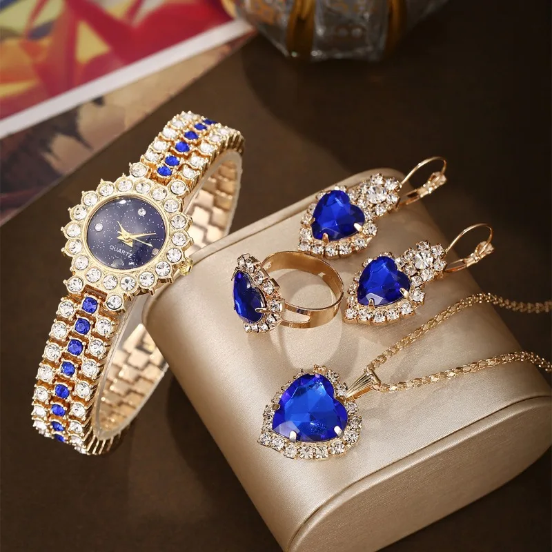 

5pcs/set Women Watches Heart Rhinestone Ring Necklace Earring Jewelry Set Luxury Small Flowers Dial Wristwatch Watch Gift