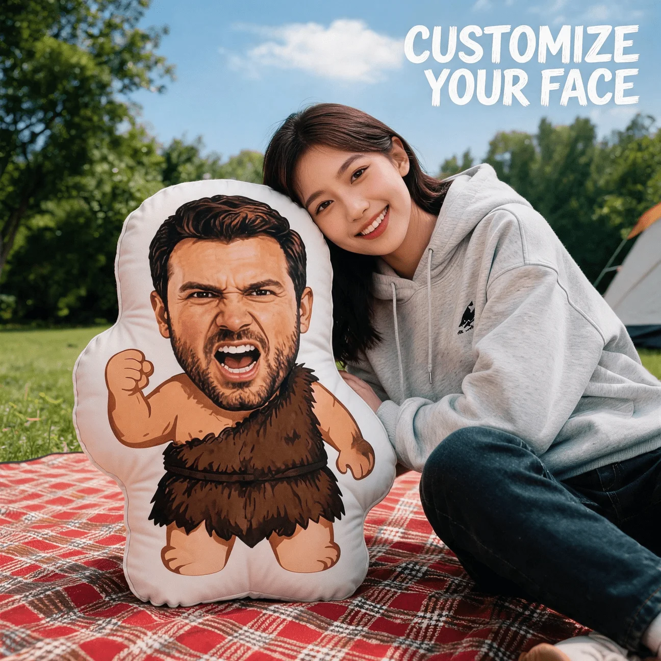 Custom Photo Funny Face Shaped Pillow, Angry Expression Caveman Style Personalized Decorative Cushion, Unique Home Decor Accent
