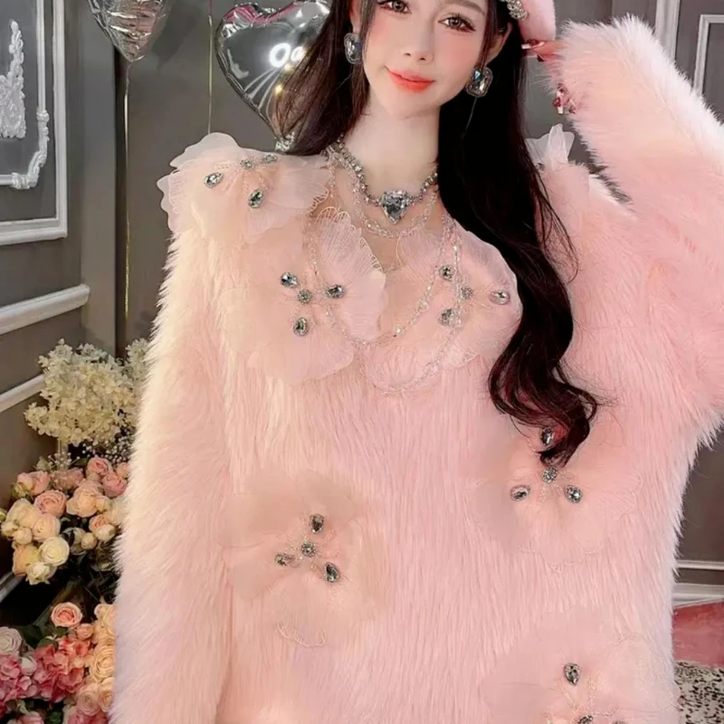 Neploe French Sweet 3D Flowers Top 2024 Women Autumn Winter Heavy Industry Diamond Embedding Mink Fleece Gentle Style Knitwear