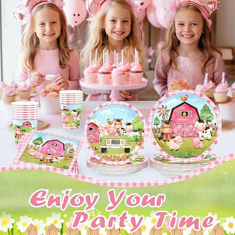 Neues Rosa Bauernhof-Tier Themen-Einweggeschirr, Pappbecher, Teller, Servietten, Tischdecken, Kindergeburtstags-Partyzubehör – Detail 13