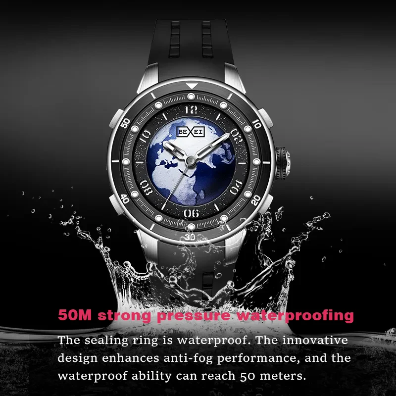 Bexei 9197 ساعة أوتوماتيكية للرجال مقاومة للماء ساعات ميكانيكية مضيئة ذاتية الرياح للرجال سلسلة كوكب أزرق ساعة يد من الياقوت #4