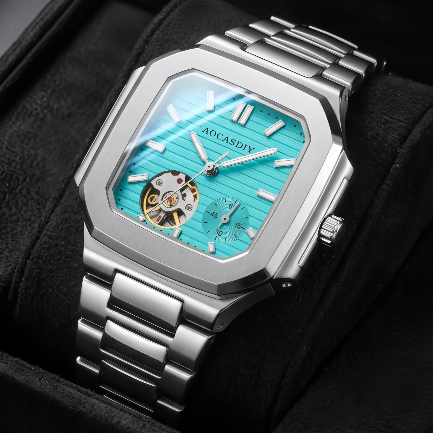 AOCASDY men's mechanical watch, alloy case, vertical striped dial, multifunctional business commuting daily casual wear