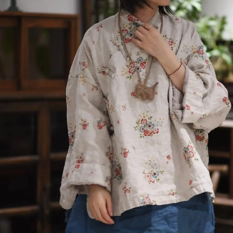 Women Chinese Style Bat Sleeve Jackets Button Printed Double Layer Dew-retted Linen Vintage Coats Stand Autumn Women Jackets