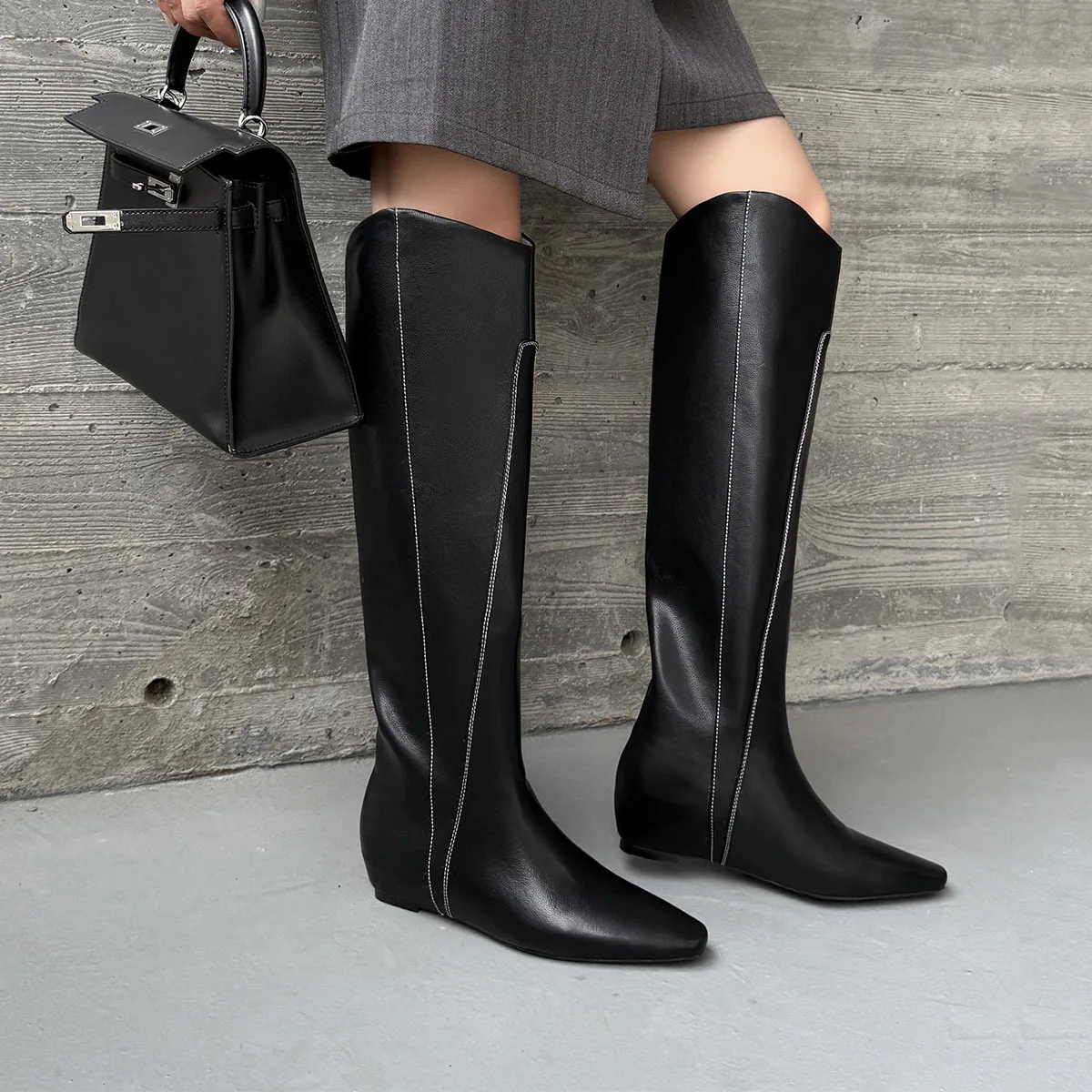 Arden Furtado cowhide Increased Internal Knee high boots Square toe Slip-on Middle heel Skinny boots Large size boots