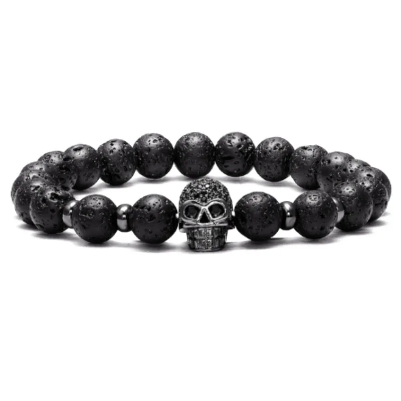 Natural Lava Stone Handmade Wrap Brass Skull Crystal Charm Accessory Fashion Vintage Men Bracelets Jewelry