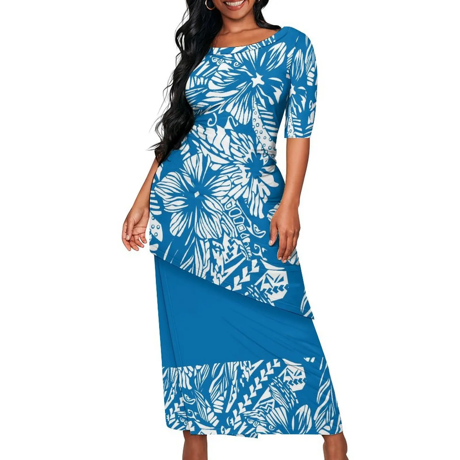 Puletasi manga de comprimento médio com costura na cintura e bainha alargada – Conjunto de saia de camada dupla polinésia feita sob medida para mulheres