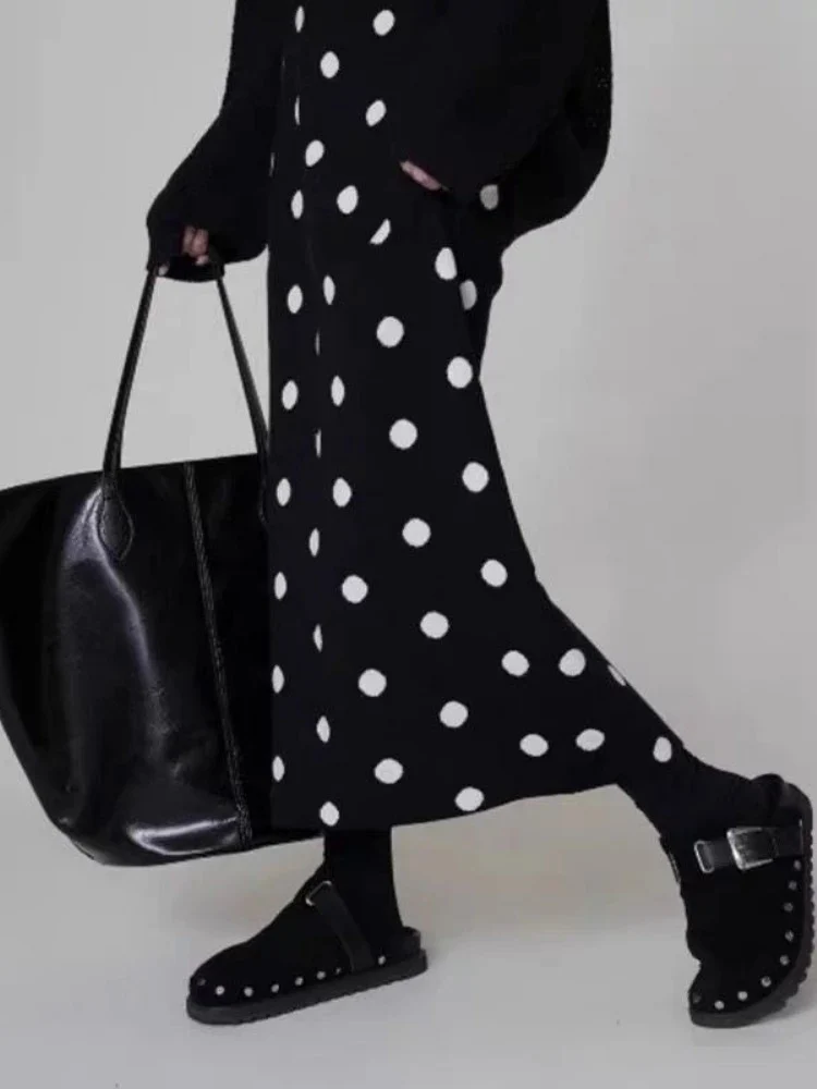 

2025 Faldas Mujer De Moda Polka Dot Long Skirts For Women Vintage Knitted Autumn Jupe High Waist Split Skirt Korean Fashion Saia