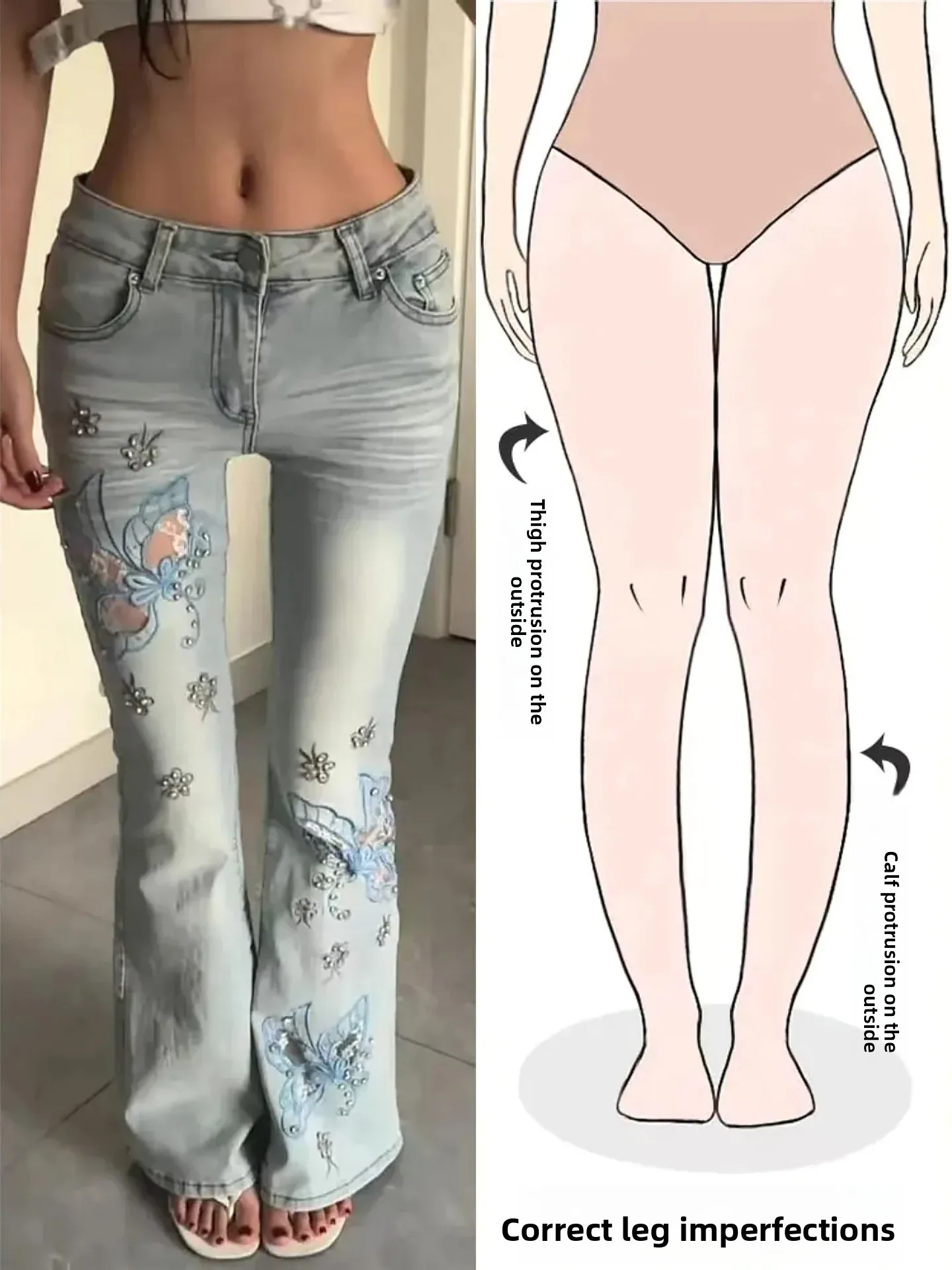 

Low Waist Bell Bottom Denim Jeans Women's Floral Embroidery Retro Style Loose Fit Zipper Closure Casual Pants Autumn Winter