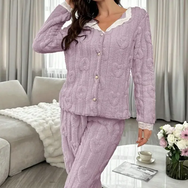 

2025 Winter New Jacquard Plush Suit Collar Pajamas Sleepwear Princess Style Lace Trim Top Pant 2Pcs Loungewear Homewear