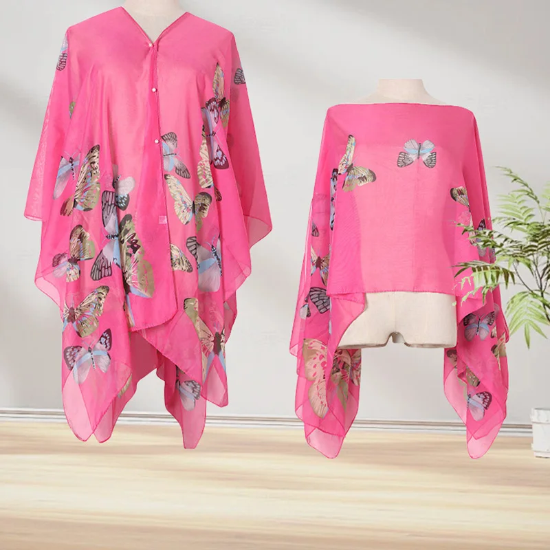 Woman Chiffon Sunscreen Shawl Fashion Printed Polyester Outdoor Beach Loose Tops Cloak Multicolor Summer Scarf Scarves