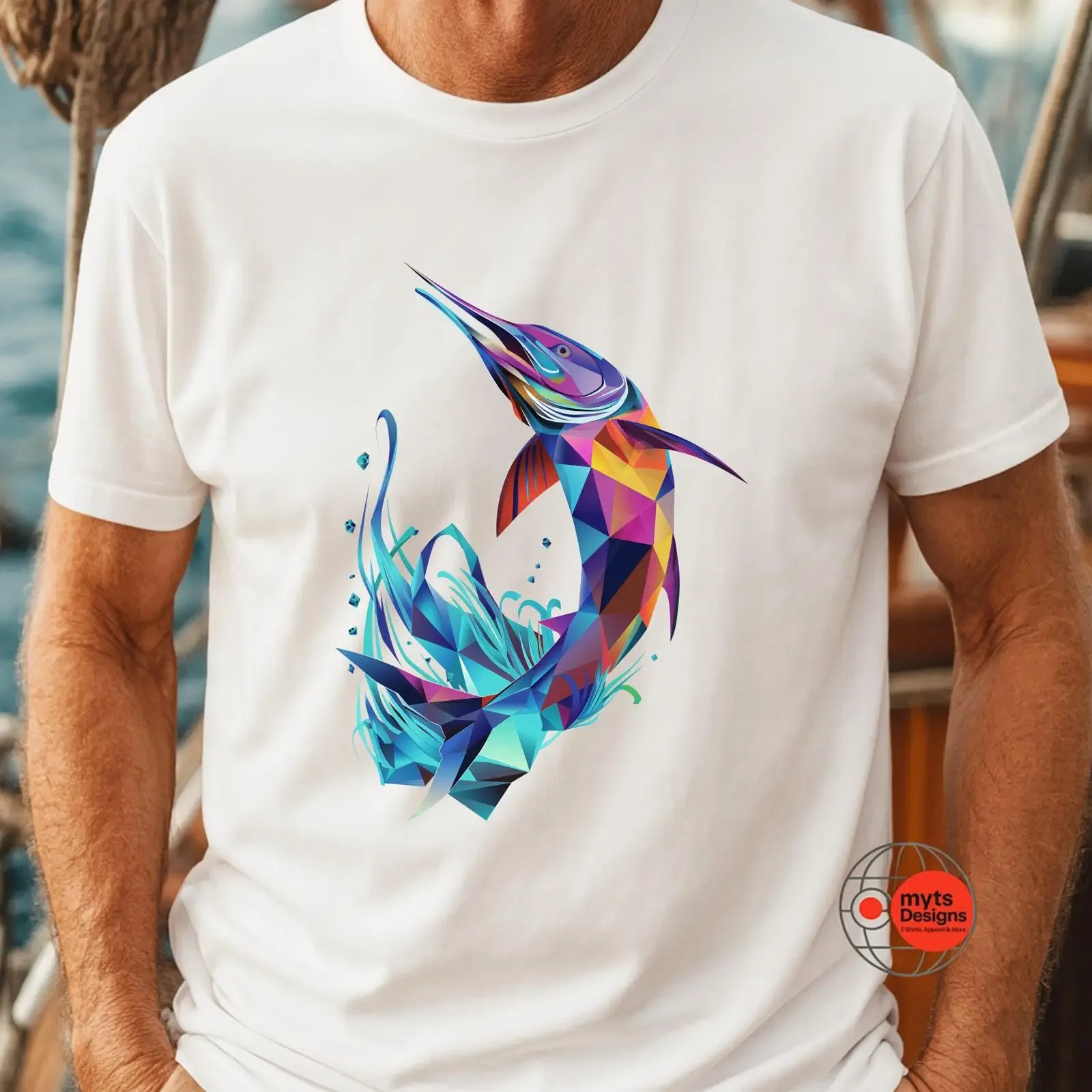 GEOMETRIC MARLIN JUMP Modern Abstract Ocean Fishing T Shirt vintage Washed Casual streetwear Unisex Stretched Slightly fashion