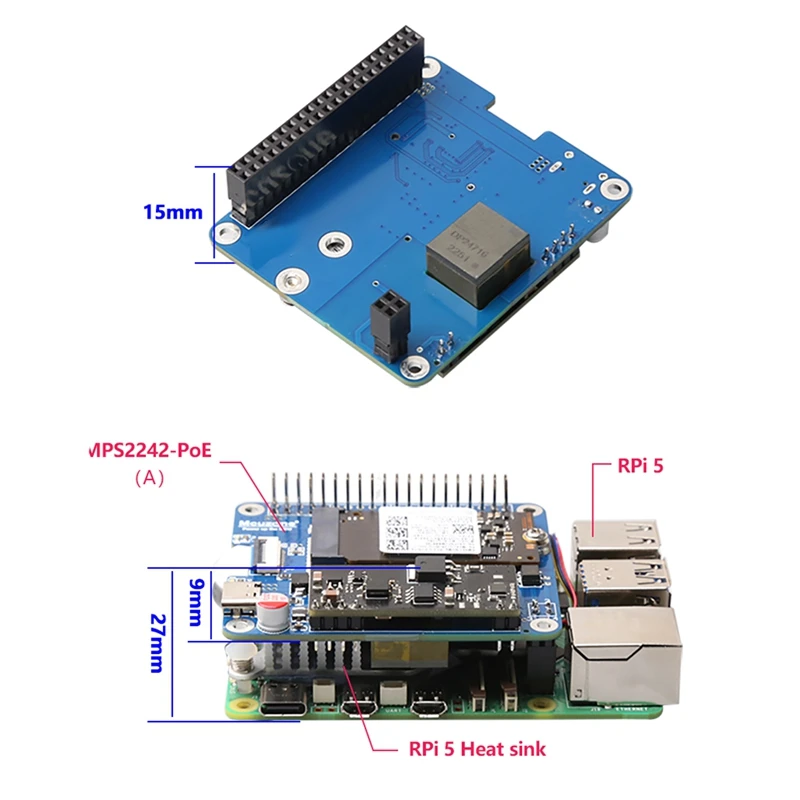 MPS2242-POE A + funda para Raspberry Pi 5 PCIE a NVME SSD 2242 HAT con alimentación POE 5V 4.5A