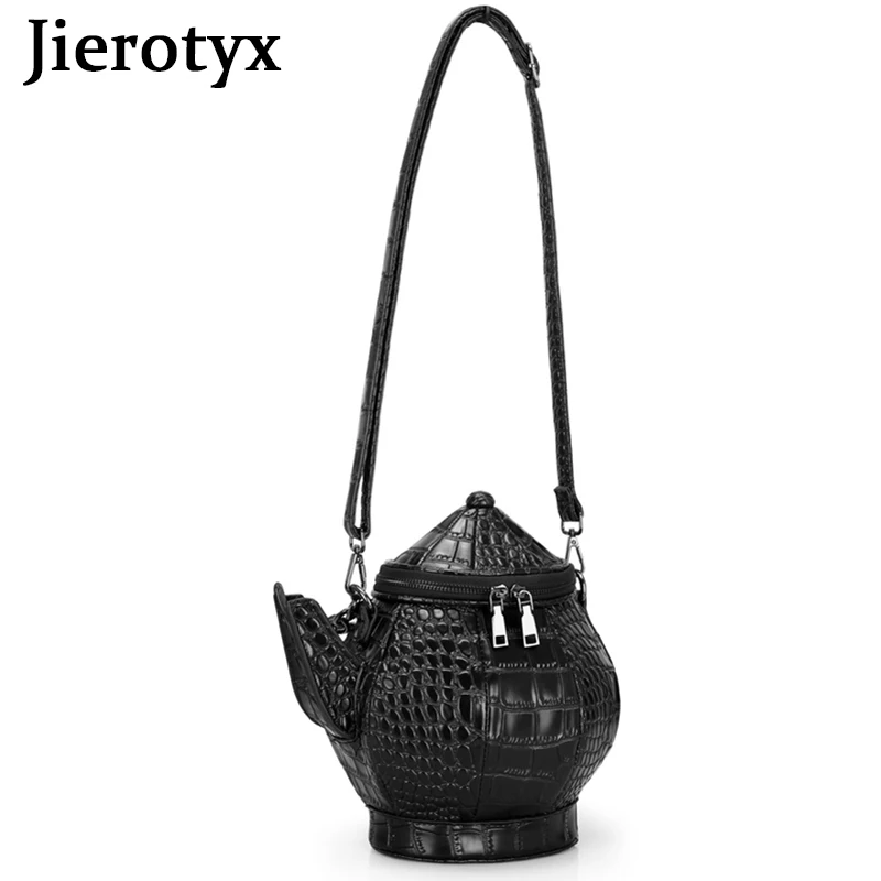 JIEROTYX Vintage Funny Teapot Shaped Handbag Women Crossbody Stone Pattern Leather Single Shoulder Bags Gothic Personality Black