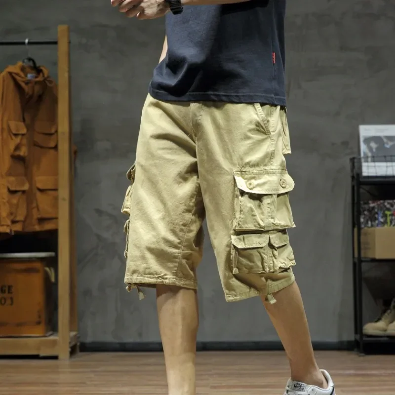 Широкие мешковатые шорты выше колена с карманами, мужские шорты-карго, свободные короткие брюки для мужчин, однотонные джерсы, японский уличный стиль, винтажные популярные