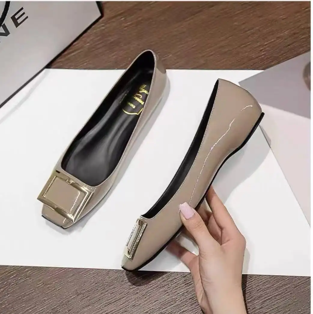 2025 new flat shoes, women's button up single shoes, increased height inside, square toe, shallow mouth, low heel, temperament