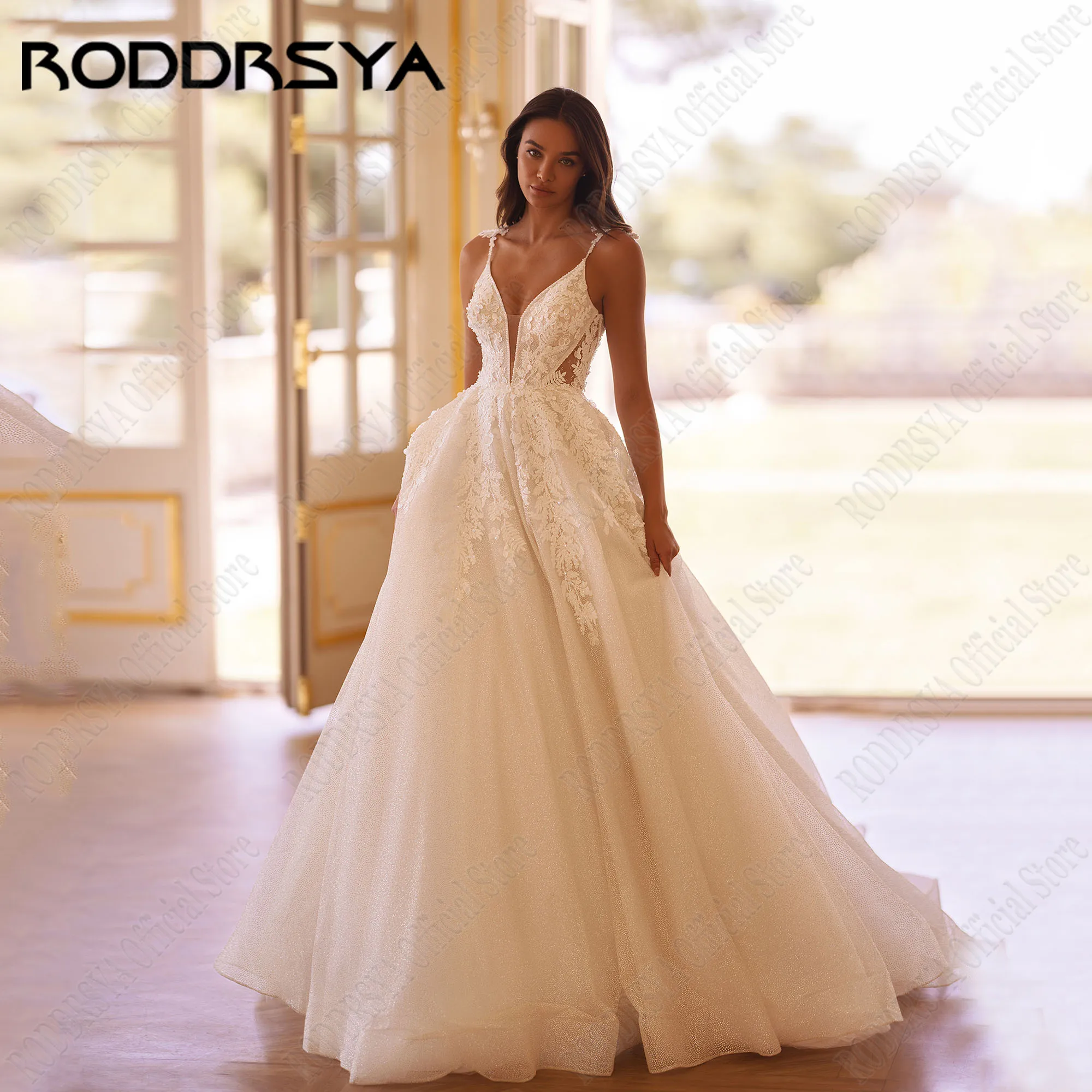 RODDRSYA-vestido de novia brillante con cuello en V, traje de novia con tirantes finos, Espalda descubierta, corte en A, apliques de encaje,