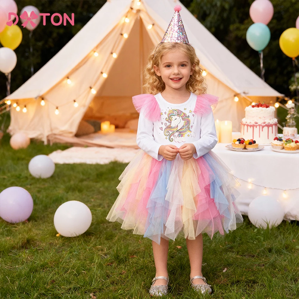 

DXTON Uincorn Girls Dresses Autumn Winter Cotton Toddler Casual Clothing Cartoon Irregular Mesh Children Princess Party Dresses