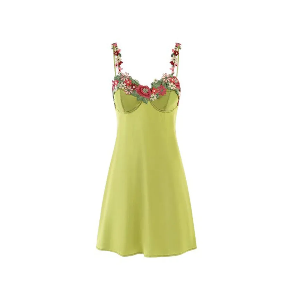 

Flower Embroidery Women's Pajama Dress Sleeveless Beauty Back Satin Silk Suspender Nightdress Sleepwear Thin