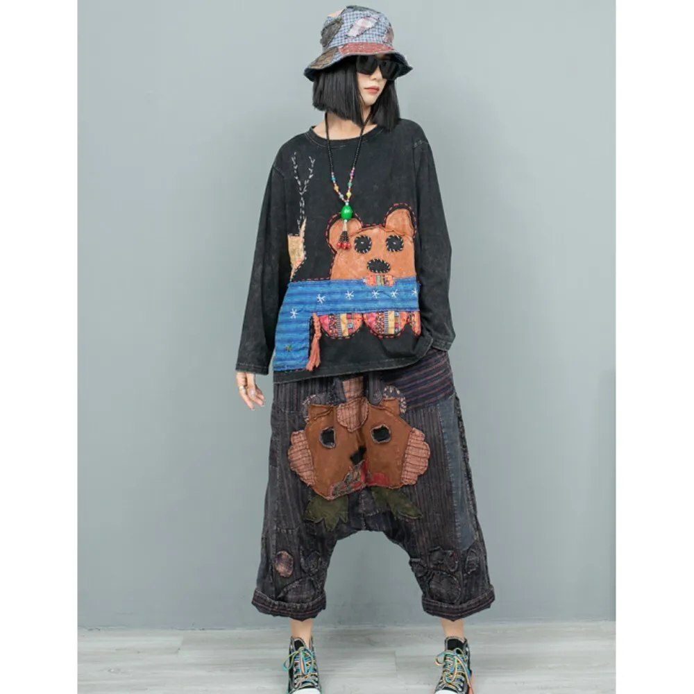 

Heavy Industry Hand Embroidered Round Neck Long Sleeve T-shirt + Old Cloth Hanging Crotch Pants Two Piece Set Women LX2152