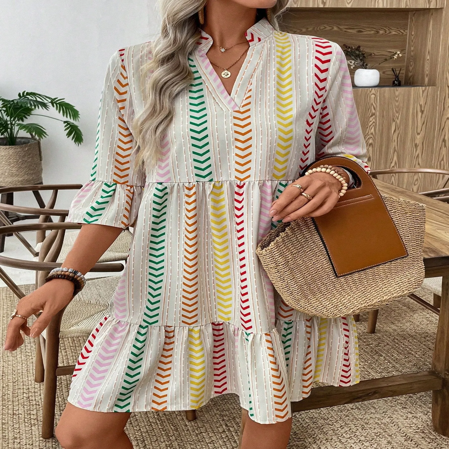

Fashion Printed Flared Sleeved Dress Women Summer Casual Bohemian Vacation V-neck Mini Dress For Women 2025