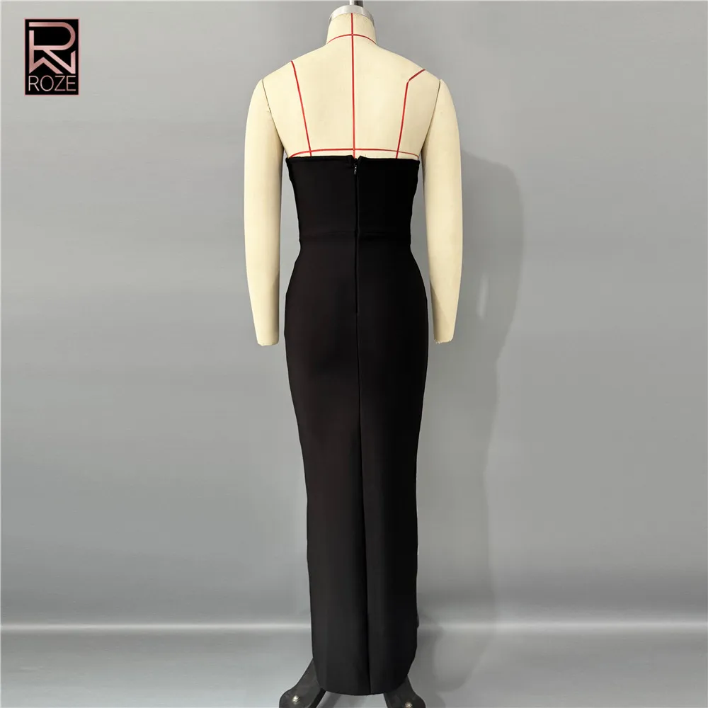 Robe longue noire à bretelles spaghetti Robe à bandes bustier crystallisée - Robe de soirée moulante sexy à fente haute