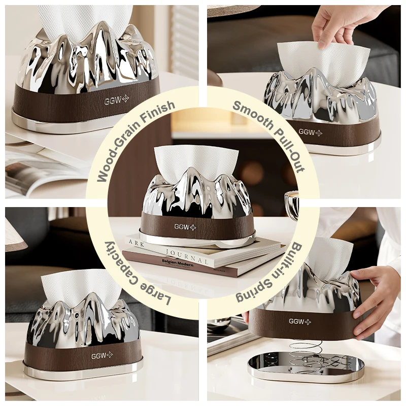 UFORU Premium Electroplated Leather Tissue Box Snow Mountain Design Luxury Decorative Tissue Dispenser for Home Living Room