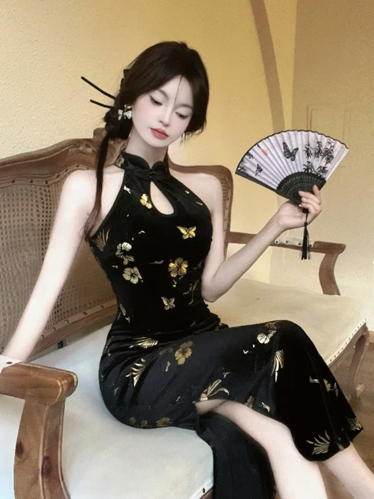 

Сексуальная Reformed Qipao Dr Gold Emed Шелковая облегающая юбка с разрезом на талии и высокой талией для женщин, осенне-зимний сезон