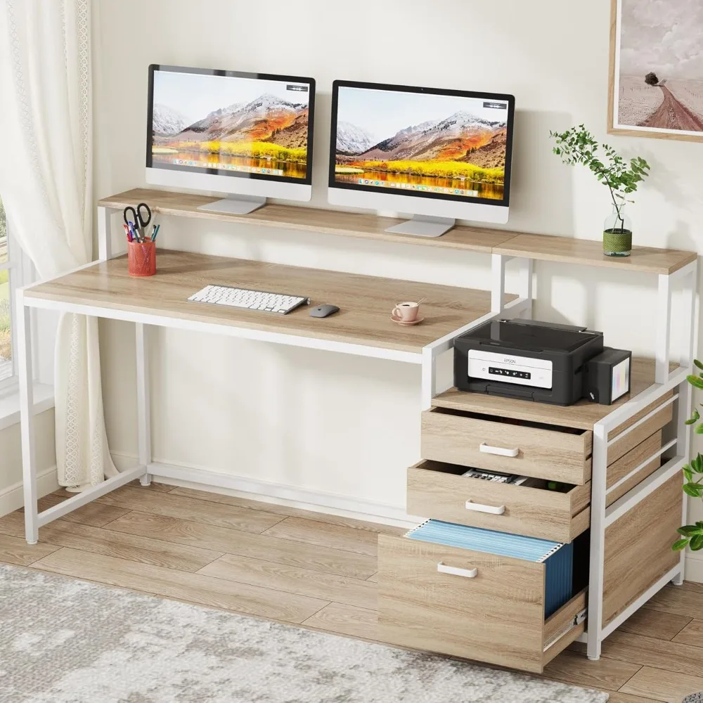 

63 Inch Computer Desk with File Drawer Cabinet, Ergonomic Office Desk with Monitor Stand, Industrial Computer Table with Printe