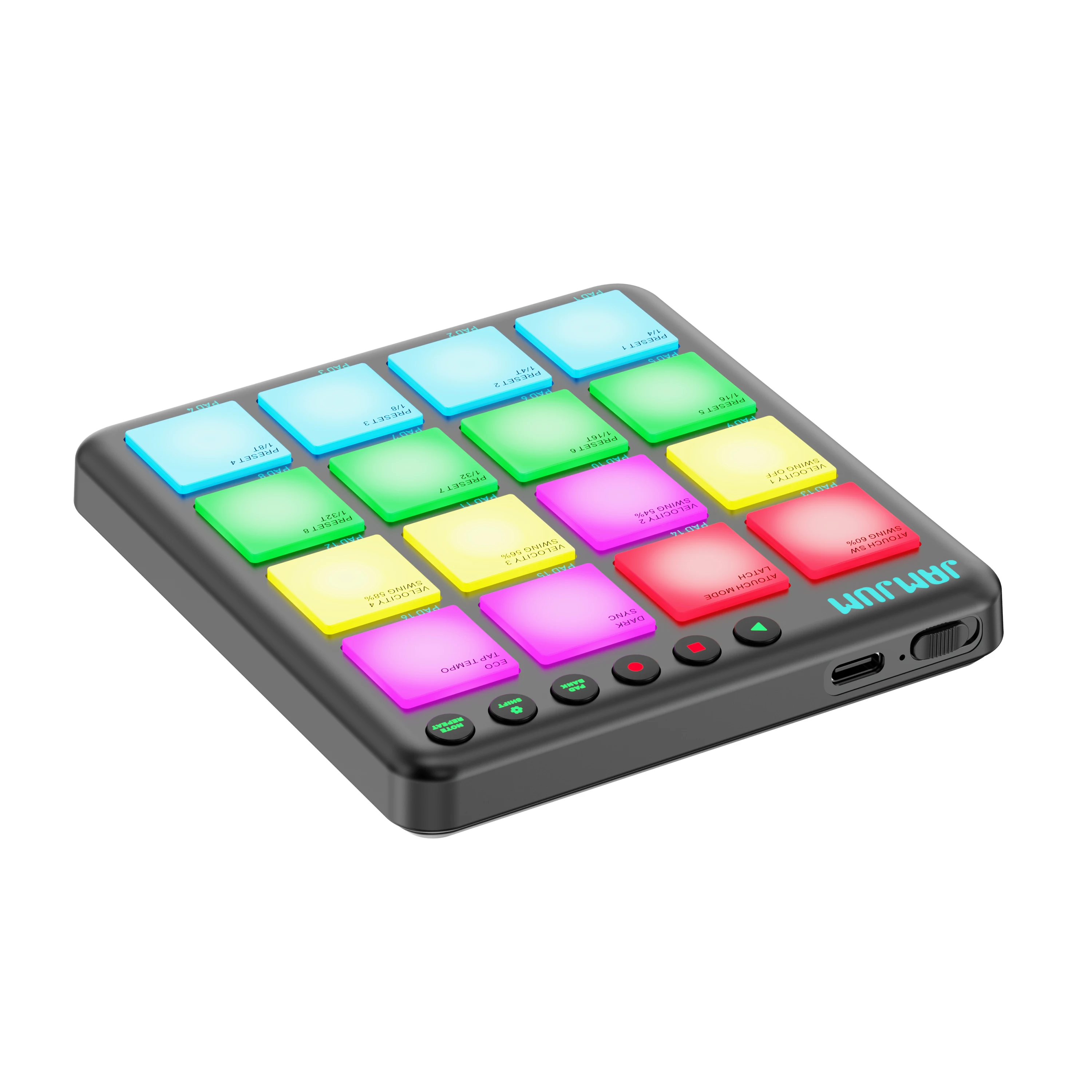JAMJUM JP-MINI Wireless MIDI Pad Controller, 16 RGB Pads, Bluetooth, Battery-Powered, 4 Velocity Curves, PAD Aftertouch