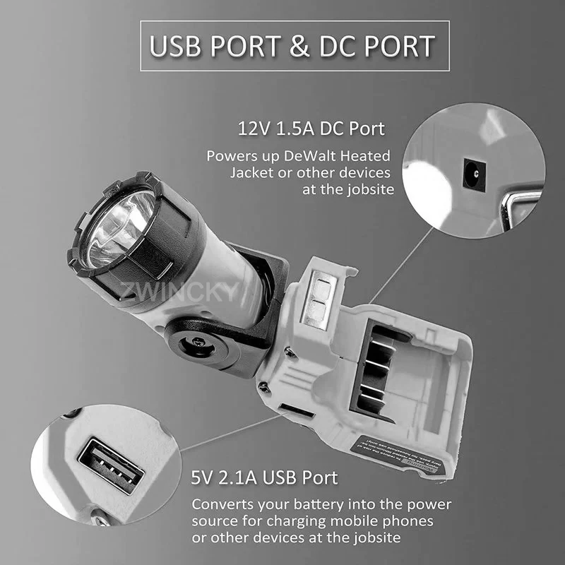 

Flashlight LED Work Light for Dewalt 10.8V-12V Li-ion Battery DCB124 DCB120 DCB123 Rechargeable Rotatable Torch Lamps Outdoor
