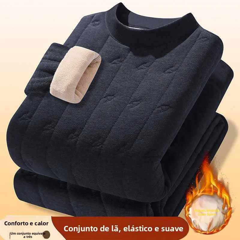 メンズ冬用サーマルアンダーウェア、裏地付きハイカラーコットンパンツ、暖かく快適で通気性のあるポリエステル素材