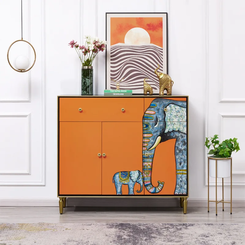 Light luxury solid wood dining side cabinet two buckets three door cabinet orange locker dish cabinet foyer entrance cabinet