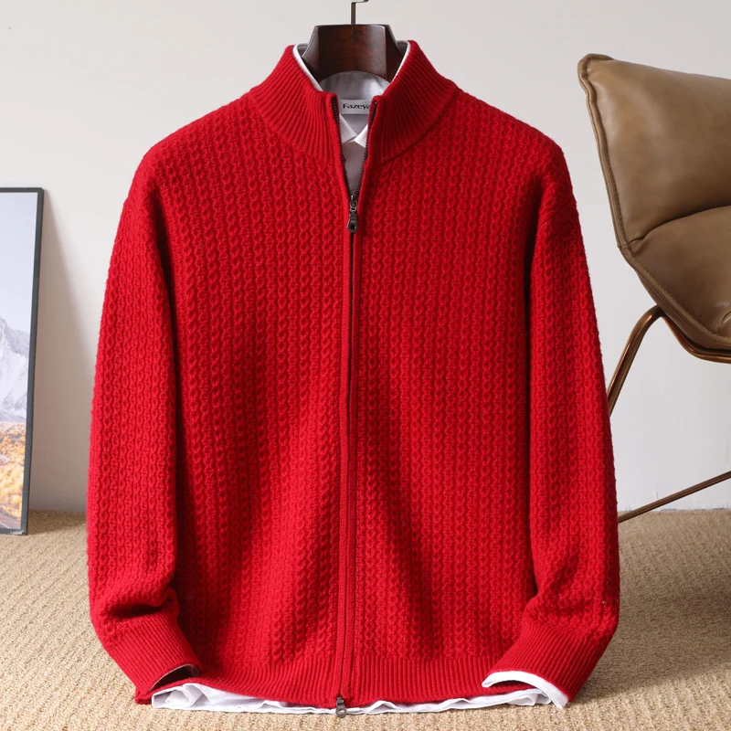 

Autumn/Winter 2025 New Red Wool Cardigan Men's Thickened Half-neck Knitted Jacket