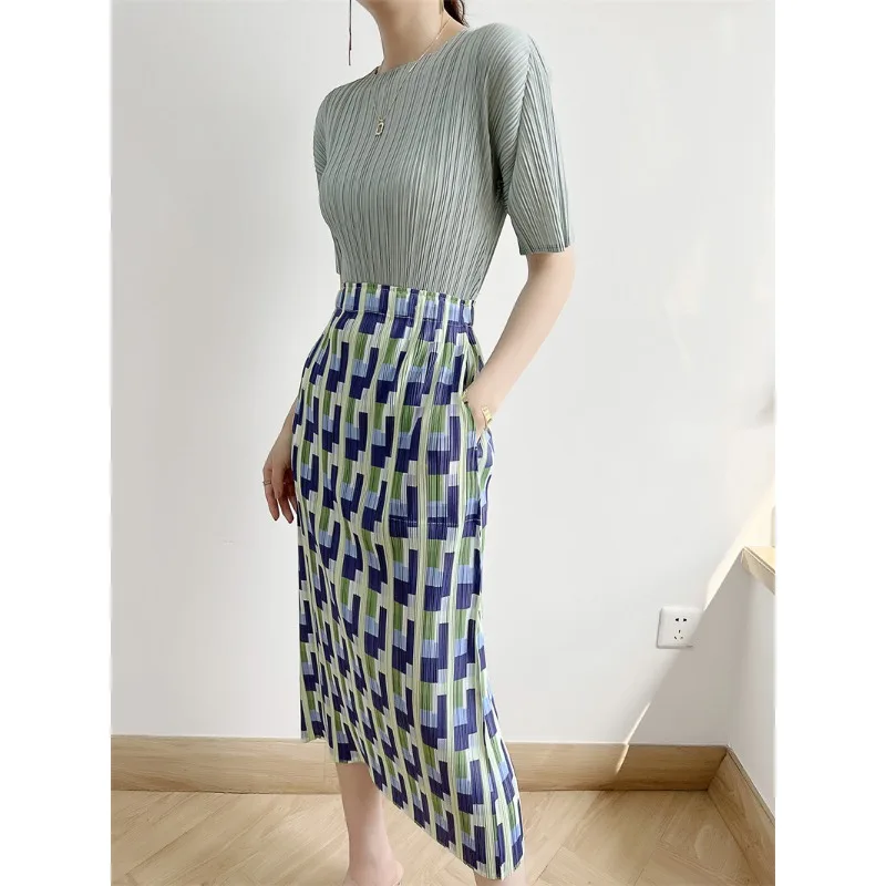 GGHK Pleated Half-body Skirt Women Digital Printing Pleated Half Skirt Comfortable Leisure Slim Thin 2024 Summer New Female