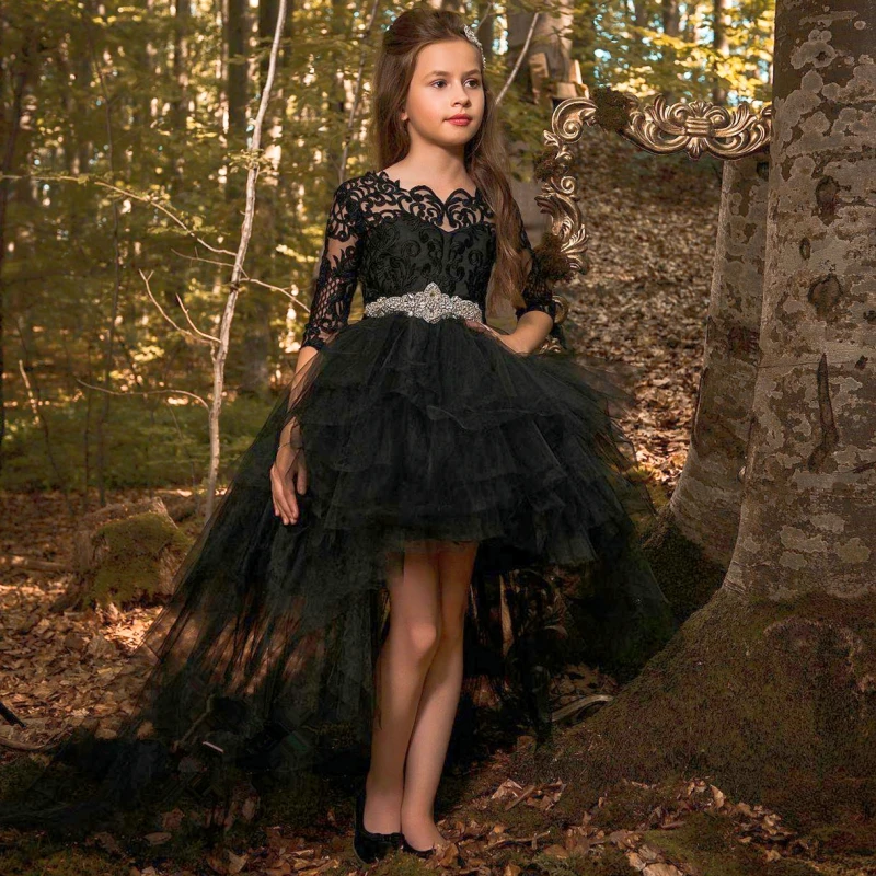 

Black Lace Tulle Flower Girl Dresses For Wedding Puffy Long Sleeve With Bow Ball Gowns Kids Birthday Party First Communion Wear