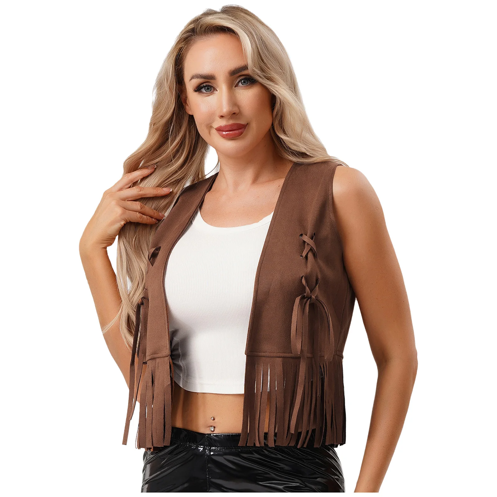 Womens 70s Hippie Cowgirl Cropped Tank Top Open Front Tying Decor Tassel Trim Cardigan Vest Disco Dance Vintage Party Costume