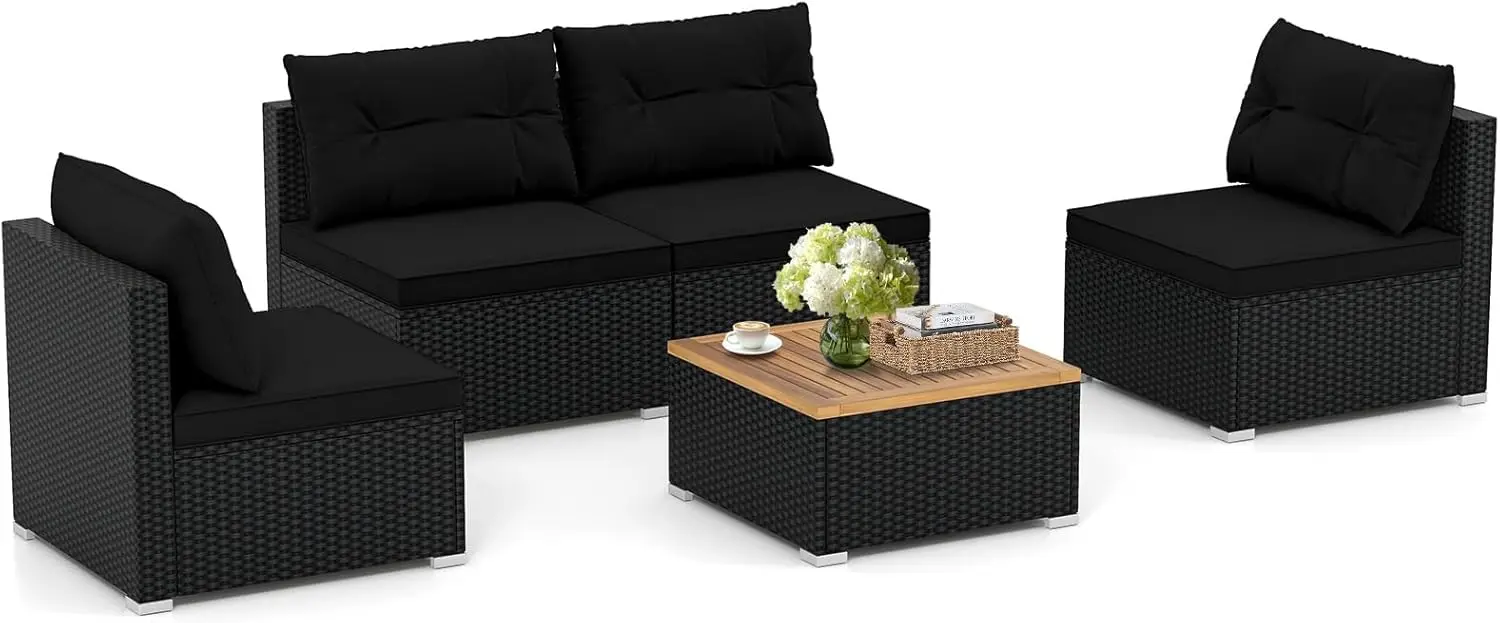 5Piece Wicker Outdoor Furniture-PE Rattan Sectional Conversation Set,Cushioned Patio Sofa Set for Garden Poolside Backyard Porch