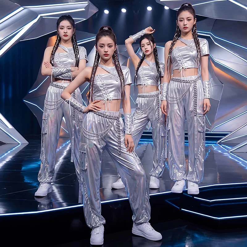 Women Silver Jazz Dance Outfit Lace Up Crop Top Jogger Pants Girl Group Kpop Show Stage Performance Costume Practice Set AMY4412